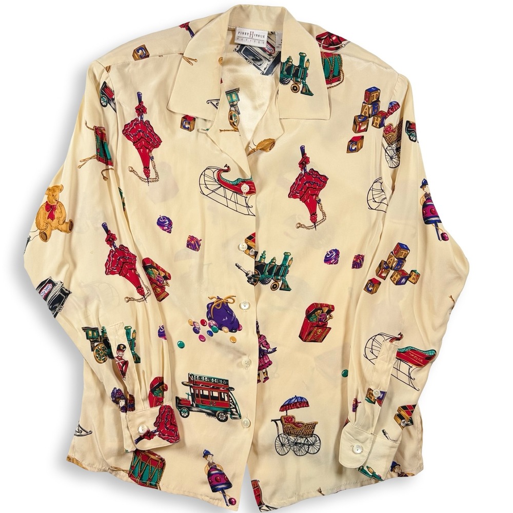First Issue Silk Novelty Blouse Small Petite Antique Toy‎ Print Rocking Horse